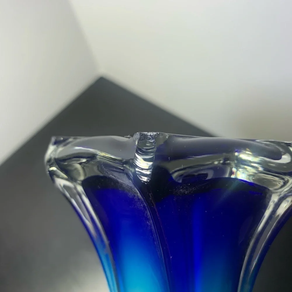 Hand Blown Murano Styled Art Glass Trumpet Tulip Vase Lime Green Blue